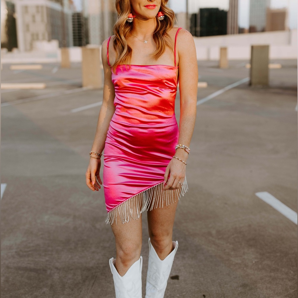 Punchy Blonde Pink Rhinestone Fringe Silk dress